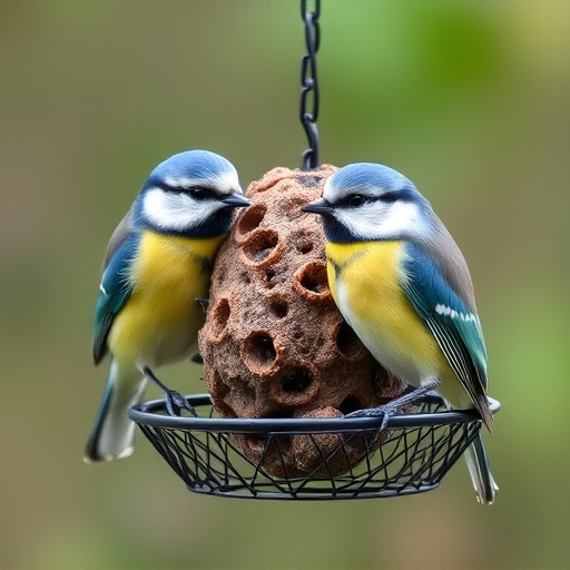 Mesh fat ball feeder with blue tits