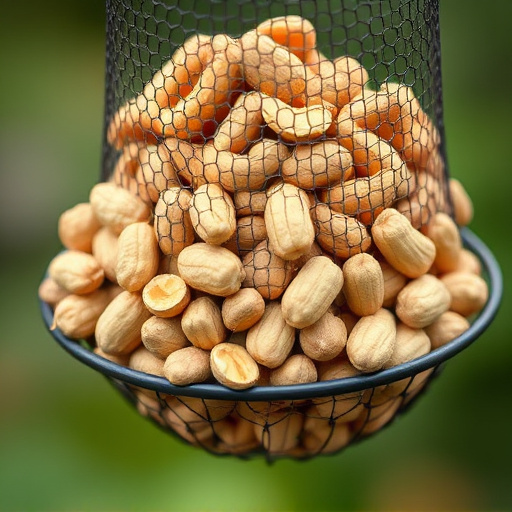 Mesh feeder filled with whole peanuts