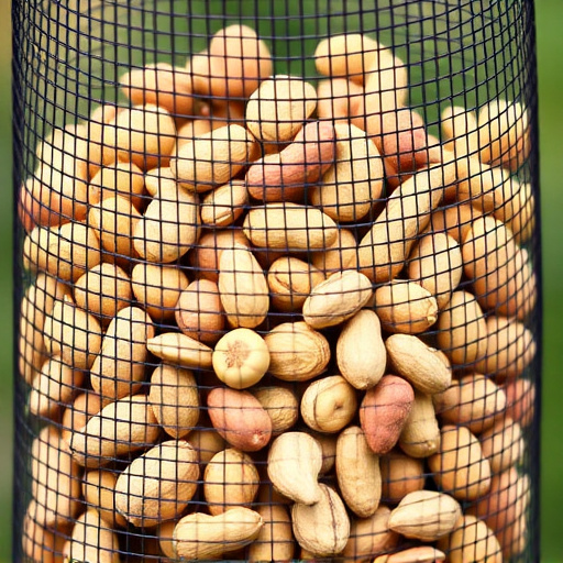 Mesh feeder filled with whole peanuts