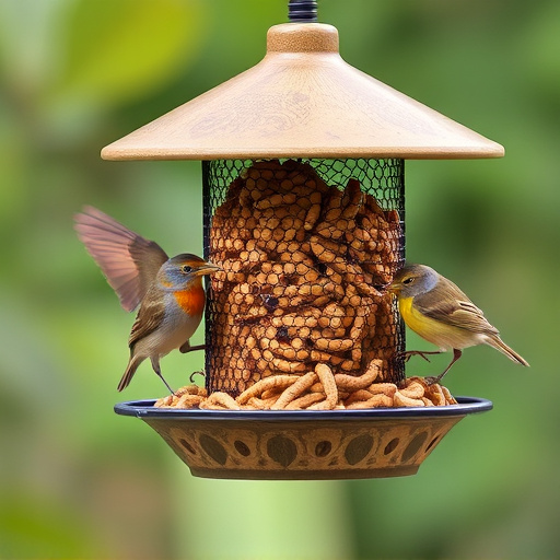 Mesh feeder with wrens and mealworms
