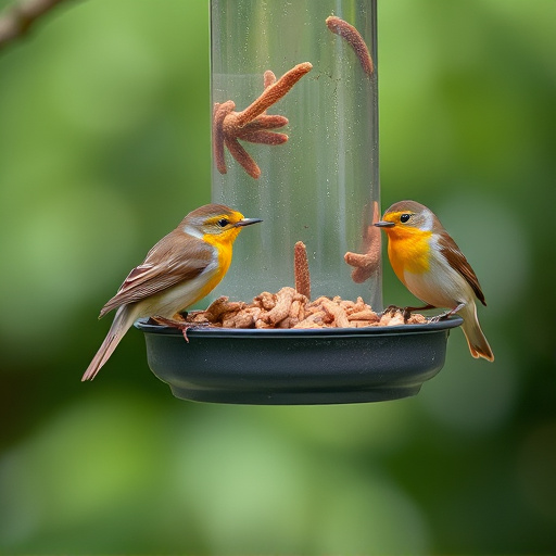 Mesh feeder with wrens and mealworms