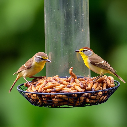 Mesh feeder with wrens and mealworms