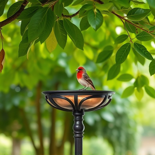 Metal bird bath under leafy tree canopy