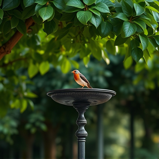 Metal bird bath under leafy tree canopy