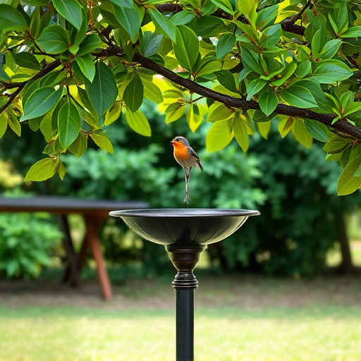 Metal bird bath under leafy tree canopy