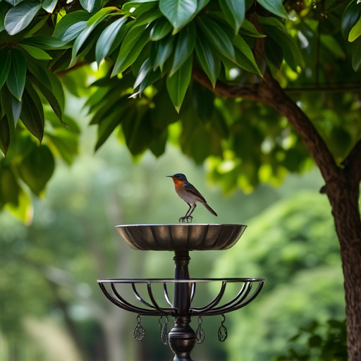 Metal bird bath under leafy tree canopy
