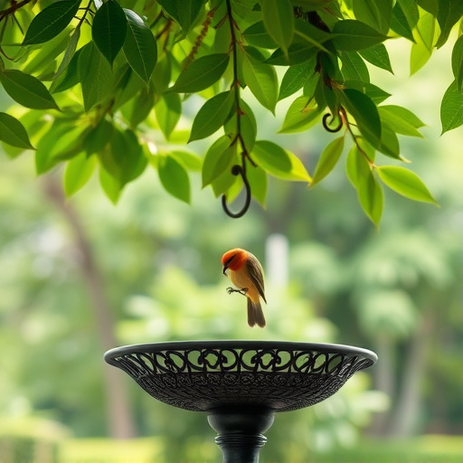 Metal bird bath under leafy tree canopy
