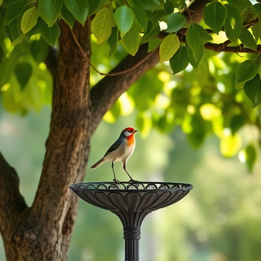 Metal bird bath under leafy tree canopy