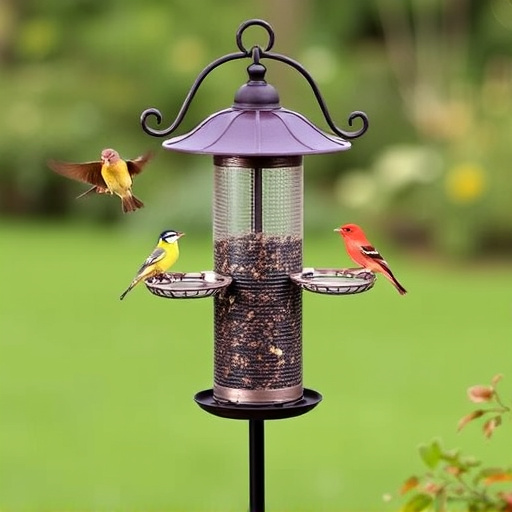 Metal bird feeder pole with hanging trays