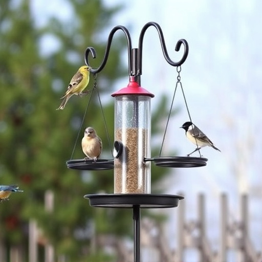Metal bird feeder pole with hanging trays