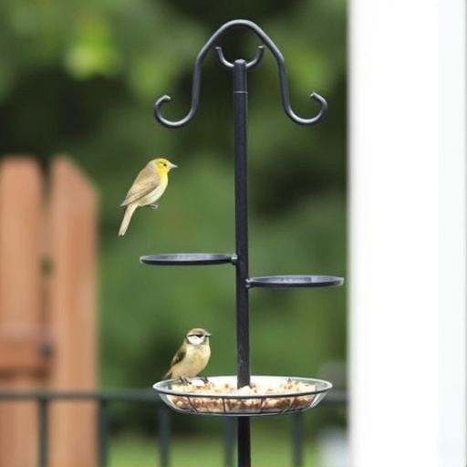 Metal bird feeder pole with hanging trays