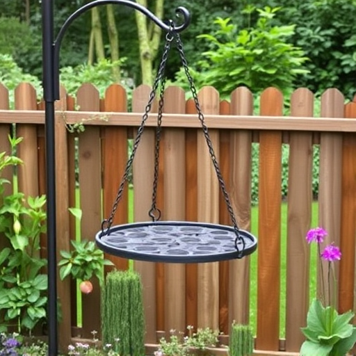 Metal hanging table near garden fence
