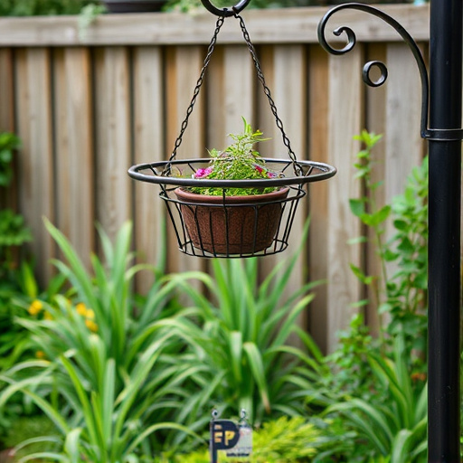 Metal hanging table near garden fence