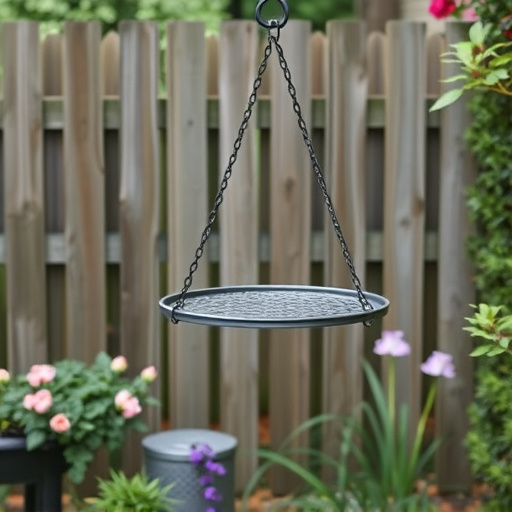 Metal hanging table near garden fence