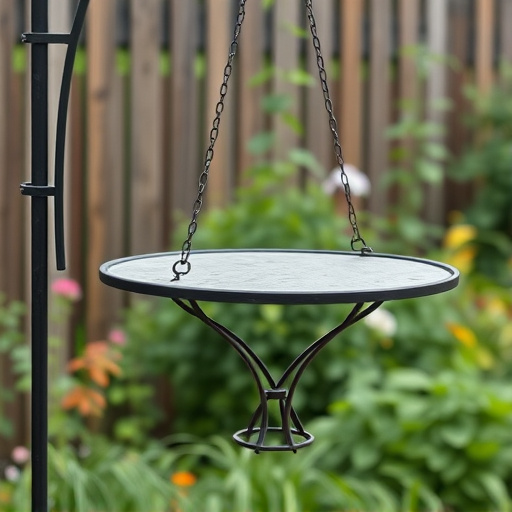 Metal hanging table near garden fence