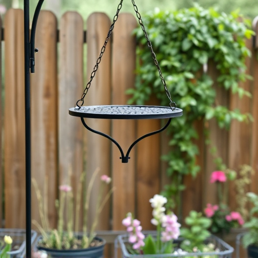 Metal hanging table near garden fence
