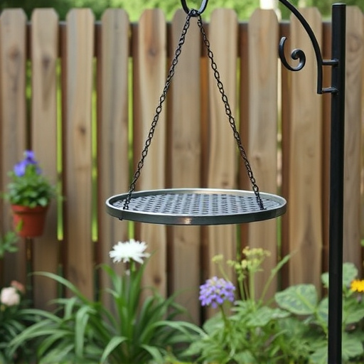 Metal hanging table near garden fence