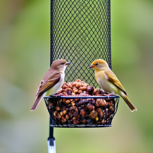 Metal mesh bird feeder with small birds