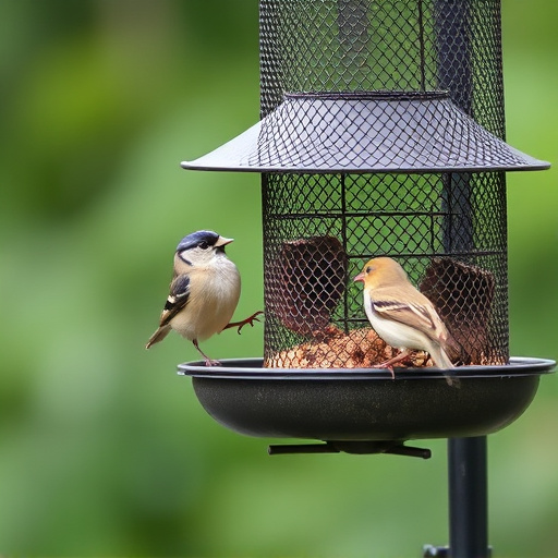Metal mesh bird feeder with small birds