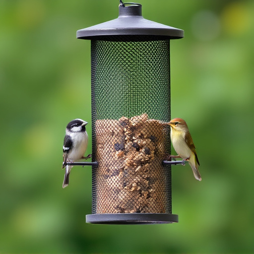 Metal mesh bird feeder with small birds