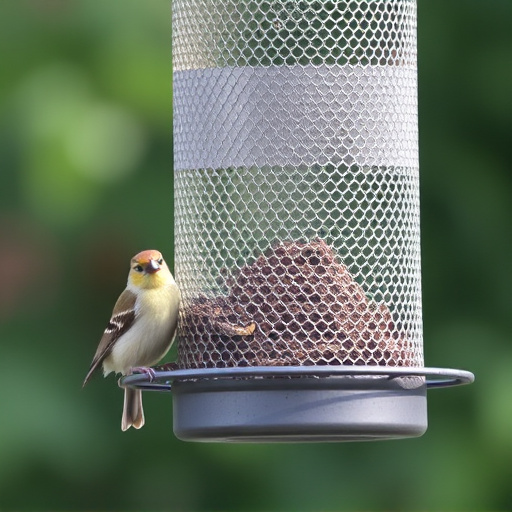 Metal mesh bird feeder with small birds