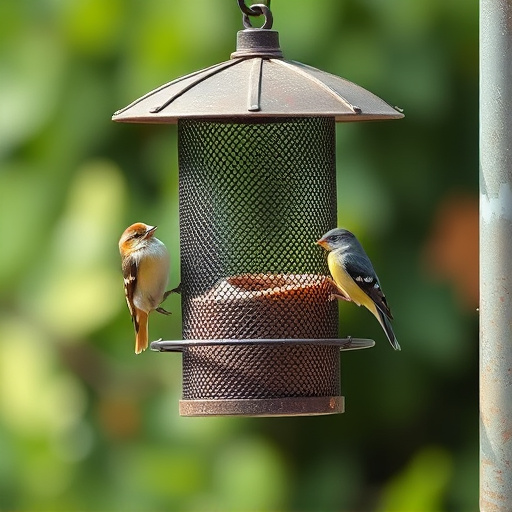 Metal mesh bird feeder with small birds