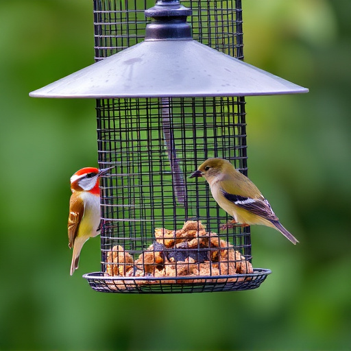 Metal mesh bird feeder with small birds