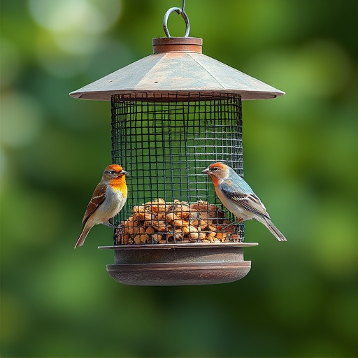 Metal mesh bird feeder with small birds