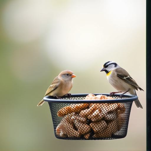 Metal mesh bird feeder with small birds