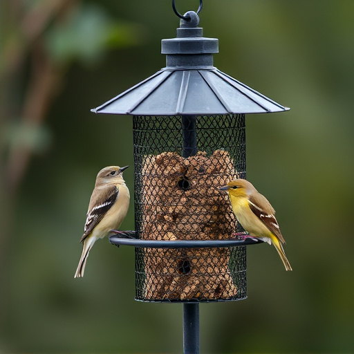 Metal mesh bird feeder with small birds