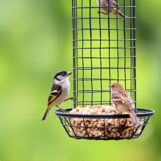 Metal mesh bird feeder with small birds