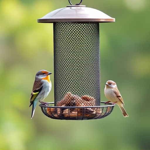 Metal mesh bird feeder with small birds