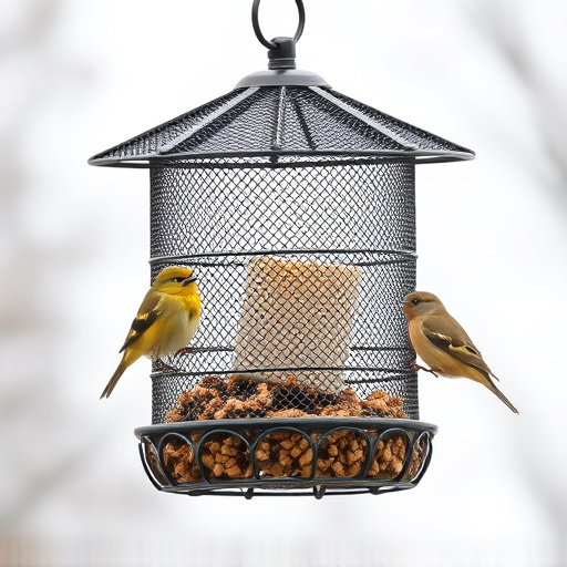 Metal mesh bird feeder with small birds