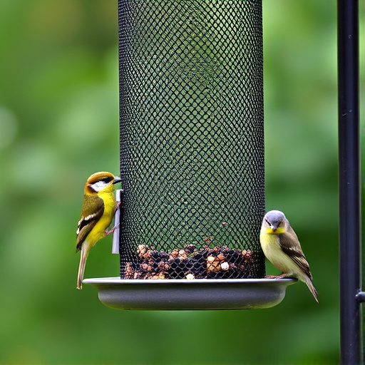 Metal mesh bird feeder with small birds