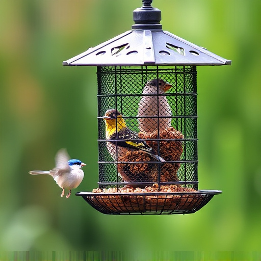 Metal mesh bird feeder with small birds