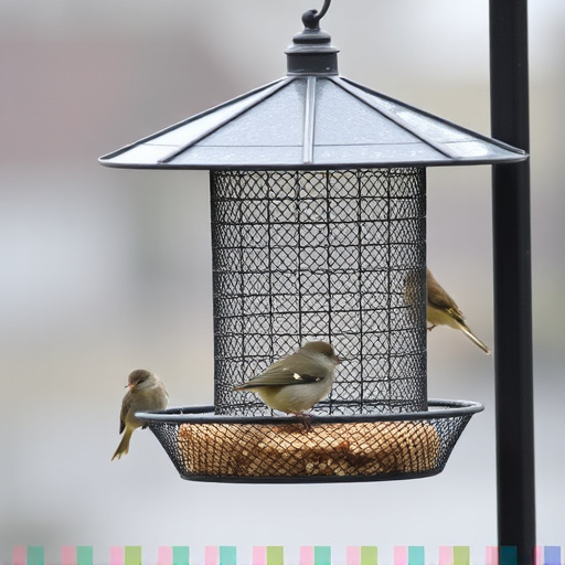 Metal mesh bird feeder with small birds