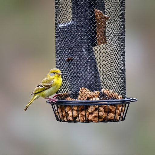 Metal mesh bird feeder with small birds