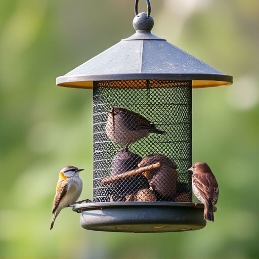 Metal mesh bird feeder with small birds