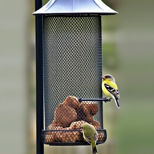 Metal mesh bird feeder with small birds