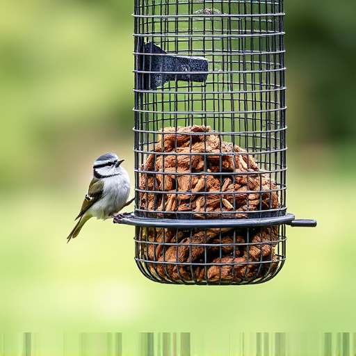 Metal mesh bird feeder with small birds