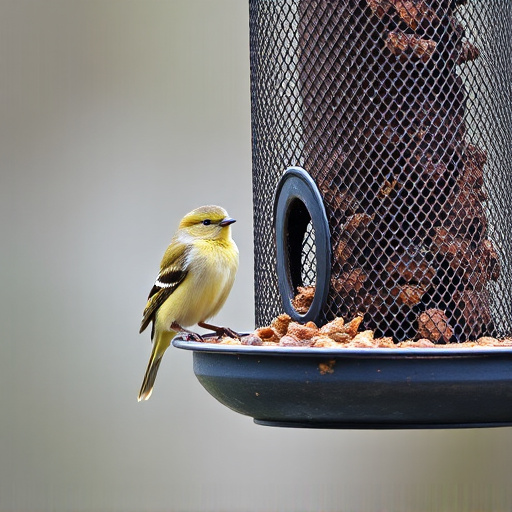 Metal mesh bird feeder with small birds