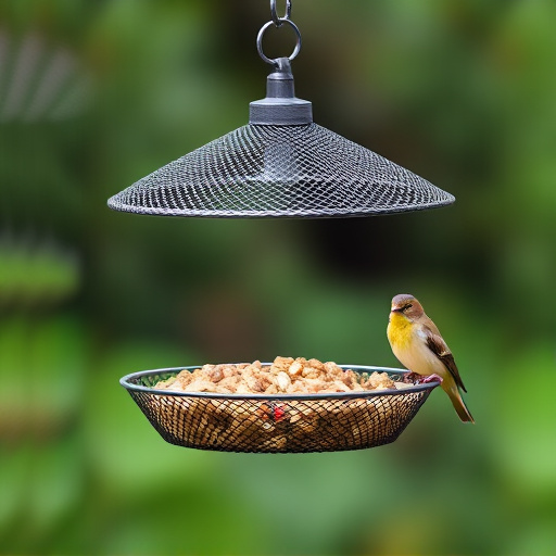 Metal mesh bird feeder with small birds