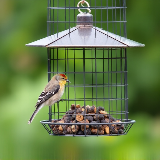 Metal mesh bird feeder with small birds