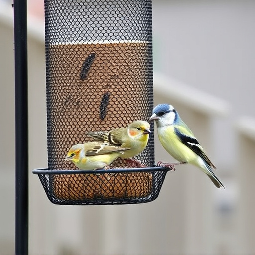 Metal mesh bird feeder with small birds