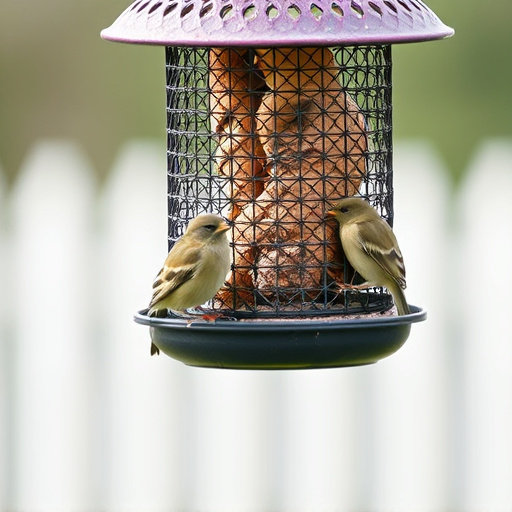 Metal mesh bird feeder with small birds