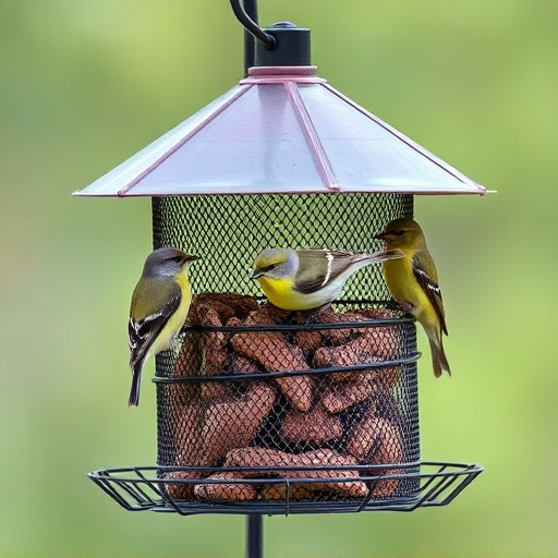 Metal mesh bird feeder with small birds