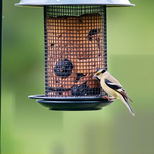Metal mesh bird feeder with small birds