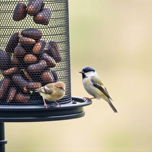Metal mesh bird feeder with small birds