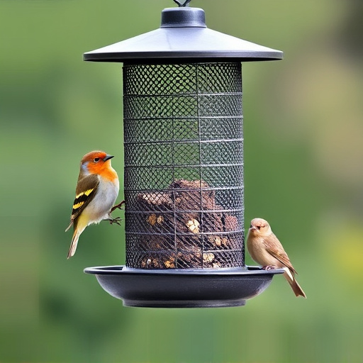 Metal mesh bird feeder with small birds