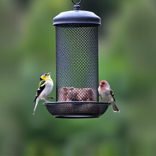 Metal mesh bird feeder with small birds
